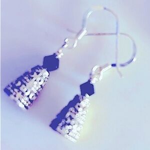 Earrings silver etched cones, tiny blue peacock color crystals pierced